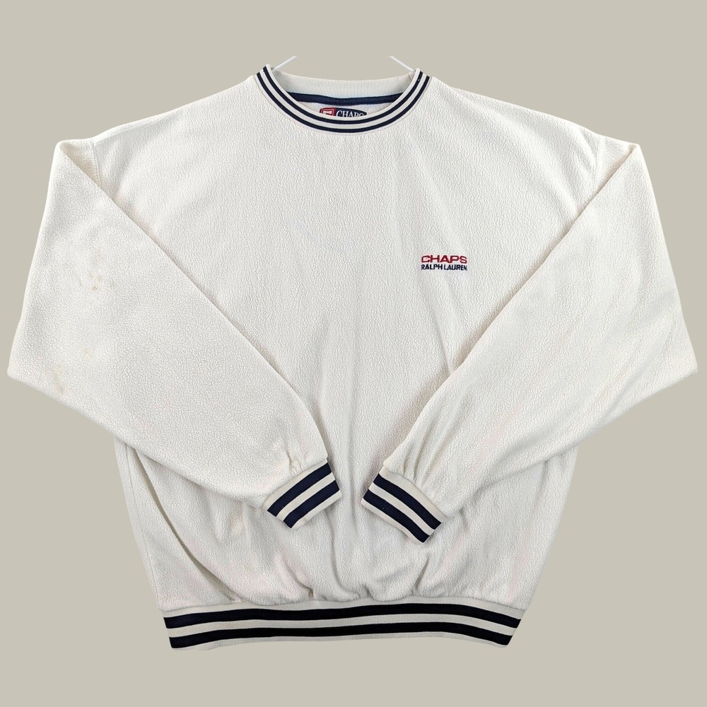Vintage Chaps Ralph Lauren XL White Fleece Crewneck Sweatshirt Striped Trim